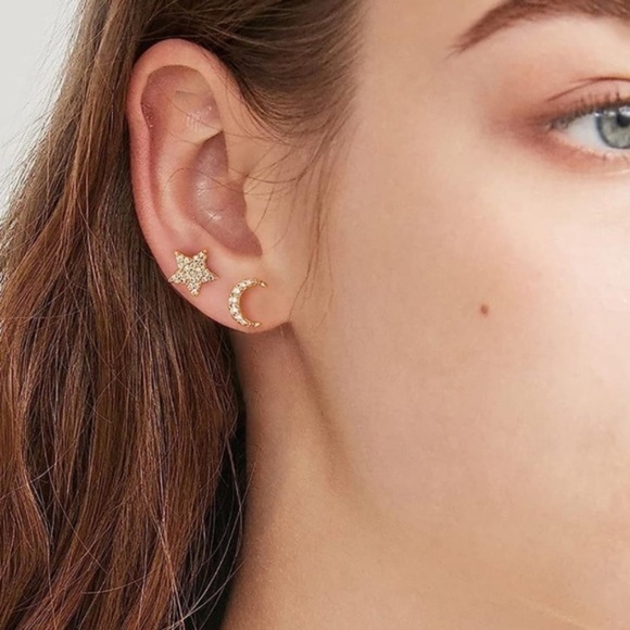 Gold 14k Gold Plated Moon Star Cubic Zirconia Stud Earrings - Picture 1 of 4
